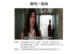 5
職場－應徵職場－應徵
問題： 艾說 原本是第二助理，因為第一助理升官了，她
所以 變成第一助理，請問安的回應是什麼？安她
的回應是否恰當？
問題： 艾說 找的助理需要具備什麼特質條件的人？她
 
