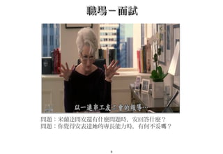 9
問題：米蘭逹問安還有什麼問題時，安回答什麼？　
問題：你覺得安表達 的專長能力時，有何不妥 ？她 嗎
職場－面試職場－面試
 