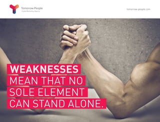 WEAKNESSES
MEAN THAT NO
SOLE ELEMENT
CAN STAND ALONE.
tomorrow-people.com
 