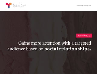 Paid Media:
Gains more attention with a targeted
audience based on social relationships.
tomorrow-people.com
 
