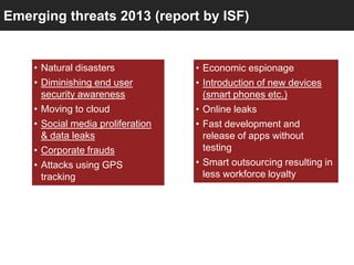 Emerging threats 2013 (report by ISF)


    • Natural disasters            • Economic espionage
    • Diminishing end user...