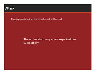 Attack


   Employee clicked on the attachment of the mail




              The embedded component exploited the
        ...