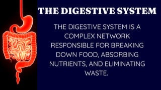 THE DIGESTIVE SYSTEM
THE DIGESTIVE SYSTEM IS A
COMPLEX NETWORK
RESPONSIBLE FOR BREAKING
DOWN FOOD, ABSORBING
NUTRIENTS, AND ELIMINATING
WASTE.
 
