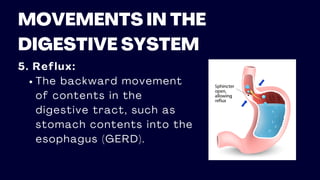 MOVEMENTS IN THE
DIGESTIVE SYSTEM
5. Reflux:
The backward movement
of contents in the
digestive tract, such as
stomach contents into the
esophagus (GERD).
 