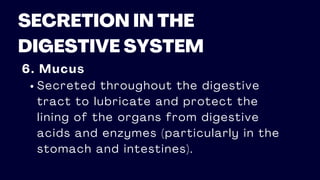 SECRETION IN THE
DIGESTIVE SYSTEM
6. Mucus
Secreted throughout the digestive
tract to lubricate and protect the
lining of the organs from digestive
acids and enzymes (particularly in the
stomach and intestines).
 