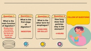 FOLLOW UP QUESTIONS!
What is the
main function
of digestion?
Question 1
What is the
first stage
of
digestion?
Question 2 Question 3
What is the
other term for
esophagus?
Question 4
Breaks down
and absorbs
nutrients from
the food and
liquids you
consume
INGESTION
FOOD PIPE
OR GULLET
How long
does food
particles
stay in the
stomach?
4 HOURS
 
