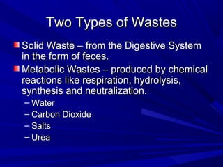 Two Types of WastesTwo Types of Wastes
Solid Waste – from the Digestive SystemSolid Waste – from the Digestive System
in the form of feces.in the form of feces.
Metabolic Wastes – produced by chemicalMetabolic Wastes – produced by chemical
reactions like respiration, hydrolysis,reactions like respiration, hydrolysis,
synthesis and neutralization.synthesis and neutralization.
– WaterWater
– Carbon DioxideCarbon Dioxide
– SaltsSalts
– UreaUrea
 