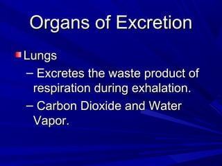 Organs of ExcretionOrgans of Excretion
LungsLungs
– Excretes the waste product ofExcretes the waste product of
respiration during exhalation.respiration during exhalation.
– Carbon Dioxide and WaterCarbon Dioxide and Water
Vapor.Vapor.
 