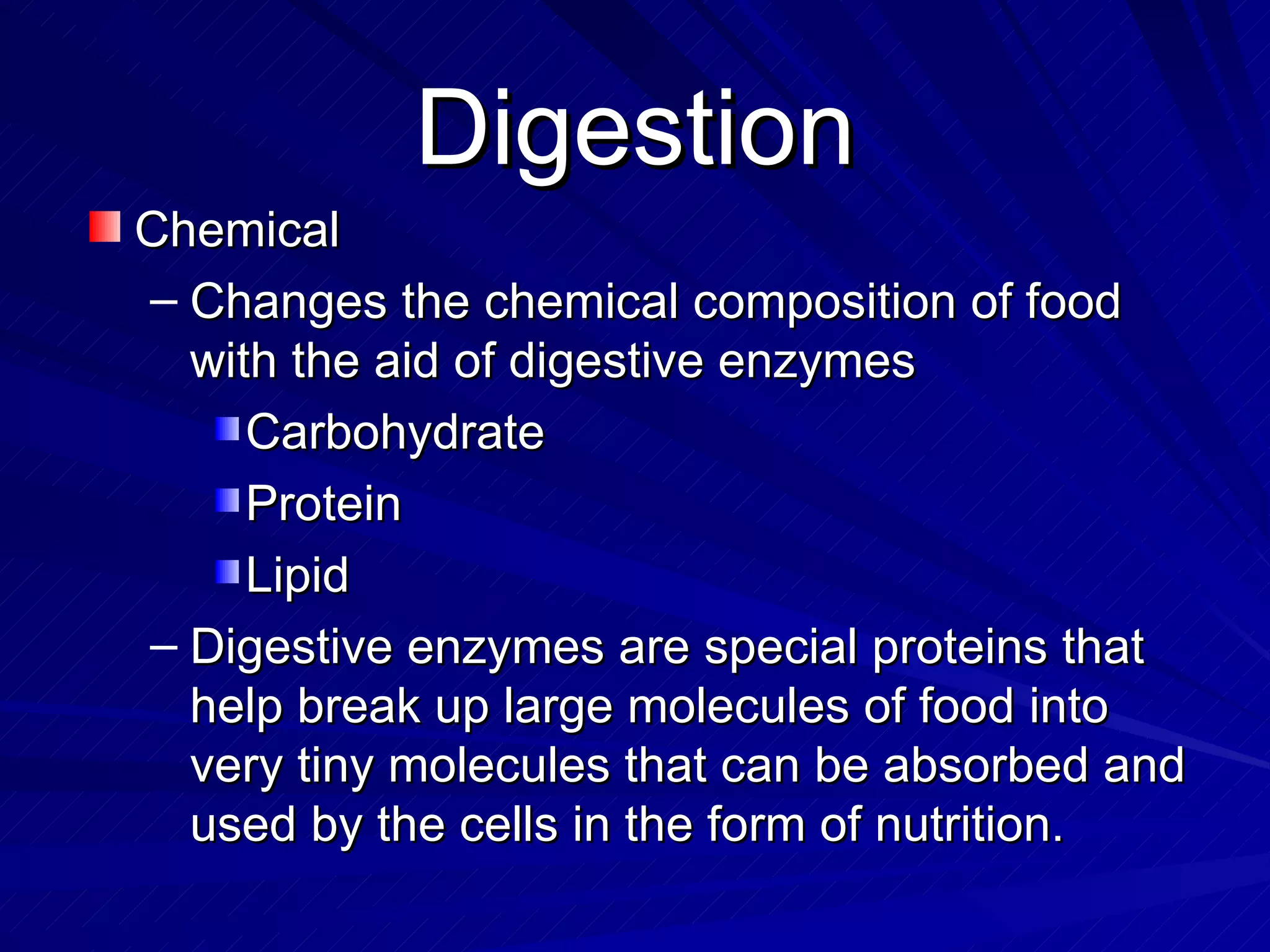 Digestion Chemical Changes the chemical composition of food with the aid of digestive enzymes Carbohydrate Protein Lipid Digestive enzymes are special proteins that help break up large molecules of food into very tiny molecules that can be absorbed and used by the cells in the form of nutrition. 