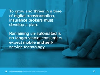 The Digital Brokerage: Developing a Digital Transformation Plan 10
To grow and thrive in a time
of digital transformation,
insurance brokers must
develop a plan.
Remaining un-automated is
no longer viable; consumers
expect mobile and self-
service technology.
 