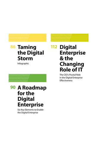 Taming
the Digital
Storm
Infographic
86 Digital
Enterprise
& the
Changing
Role of IT
The CIO’s Pivotal Role
in the Digital Enterprise
Effectiveness
112
90 A Roadmap
for the
Digital
Enterprise
Six Key Elements to Enable
the Digital Enterprise
 