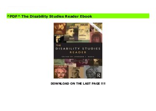 DOWNLOAD ON THE LAST PAGE !!!!
(Free Download) The Disability Studies Reader Ebook The Fourth Edition of the Disability Studies Reader breaks new ground by emphasizing the global, transgender, homonational, and posthuman conceptions of disability. Including physical disabilities, but exploring issues around pain, mental disability, and invisible disabilities, this edition explores more varieties of bodily and mental experience. New histories of the legal, social, and cultural give a broader picture of disability than ever before.Now available for the first time in eBook format 978-0-203-07788-7.
^PDF^ The Disability Studies Reader Ebook
 