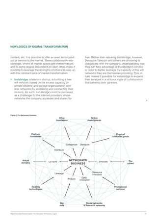 Digital Business Transformation: The Disruption Of Industry Logics 17
content, etc. it is possible to offer an even better prod-
uct or service to the market. These collaborative rela-
tionships, where all market actors are interconnected
and to some degree dependent on each other, make it
possible to leverage the strengths of others to keep up
with the constant pace of market transformation.
 Instabridge, a telecom startup, is building a free
wifi network based on the excess capacity on
private citizens’ and various organizations’ wire-
less networks (by accessing and connecting their
routers). As such, Instabridge could be perceived
as a challenger to the internet providers whose
networks the company accesses and shares for
free. Rather than rebuking Instabridge, however,
Deutsche Telecom and others are choosing to
collaborate with the company, understanding that
they can take advantage of Instabridge’s service
in order to better leverage the capacity of the wifi
networks they are themselves providing. This, in
turn, makes it possible for Instabridge to expand
their services in a virtuous cycle of collaboration
that benefits both partners.
Figure 3: The Networked Business
NEW LOGICS OF DIGITAL TRANSFORMATION
Platform
businesses
Virtual
domains
Existing
technologies
Big
data
Professional
services
Social networks
 Research networks
The
crowd
Physical
consumer goods
Online
marketplaces
Outsource
/insource
Innovate
Distribute
Distribute
Leverage
Co-work
Analyze
Open
innovation
Collaborate
Other
businesses
NETWORKED
BUSINESS
 
