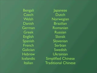 Bengali         Japanese
 Czech             Dutch
  Welsh         Norwegian
 Danish           Brazilian
German          Romanian
 Greek            Russian
 English           Slovak
 Spanish         Slovenian
 French           Serbian
 Galician         Swedish
Hebrew           Ukrainian
Icelandic   Simpliﬁed Chinese
  Italian   Traditional Chinese
 