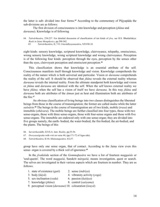 the latter is sub- divided into four forms.65 According to the commentary of Pûjyapâda the
sub-divisions are as follows:
         The first division of consciousness is into knowledge and perception (jñâna and
darœana). Knowledge is of following

64. Tattvârthasâra, 234-237. For detailed discussion of classification of ten kinds of jîva, see H.S. Bhattâchârya:
    Reals in Jaina Metaphysics, pp.290-362.
    65.       Tattvârthasûtra, II, 7-9; Uttarâdhyayanasûtra, XXVIII.10.


eight kinds: sensory knowledge, scriptural knowledge, clairvoyance, telepathy, omniscience,
wrong sensory knowledge, wrong scriptural knowledge and wrong clairvoyance. Perception
is of the following four kinds: perception through the eyes, perception by the senses other
than the eyes, clairvoyant perception and omniscient perception.66
     This classification shows that knowledge is an essential attribute of the self.
Consciousness manifests itself through knowledge and vision. Knowledge comprehends the
reality of the nature which is both universal and particular. Vision or darœana comprehends
the reality of the self. It should be observed that jñâna reveals the external reality whereas
darœana reveals the internal reality. From the ultimate standpoint both knowledge and vision
or jñâna and darœana are identical with the self. When the self knows external reality we
have jñâna; when the self has a vision of itself we have darœana. In this way jñâna and
darœana both are attributes of the âtman just as heat and illumination both are attributes of
the fire.67
         An obvious classification of living beings into two classes distinguishes the liberated
beings from those in the course of transmigration; the former are called mukta while the latter
saôsârin.68 The beings in the course of transmigration are of two kinds, mobile (trasa) and
immobile (sthâvara). The mobile beings are further classified into four types, those with two
sense-organs, those with three sense-organs, those with four-sense organs and those with five
sense-organs. The immobile are endowed only with one sense-organ; they are divided into
five groups namely, the earth- bodied, the water-bodied, the fire-bodied, the air-bodied, and
the plants. The beings of this

66. Sarvârthasiddhi, II.9;S.A. Jain: Reality, pp,55-56.
67. Dravyasaôgraha with vrtti on verse 44, (pp.171-72 of Agas edn).
68. Tattvârthasûtra, II.10; Sthânamgasûtra. II.I,57.


group have only one sense organ, that of contact. According to the Jaina view even this
sense- organ is covered by a thick veil of ignorance.69
     In the jîvakâòda section of the Gommaþasâra we have a list of fourteen maggaòâs or
'soul-quests'. The word maggaòâ, Sanskrit mârgaòâ, means investigation, quest or search.
The selves are investigated in their various aspects which are fourteen in number. They are as
follows:
    1.   state of existence (gati)    2.         sense (indriya)
    3.   body (kâyâ)                  4.         vibratory activity (yoga)
    5.   sex-inclination (veda)       6.         passion (kašâya)
    7.   knowledge (jñâna)            8.         control (saôyama)
    9.   perceptual vision (darœana) 10.         colouration (leœyâ)


                                                                                                               14
 