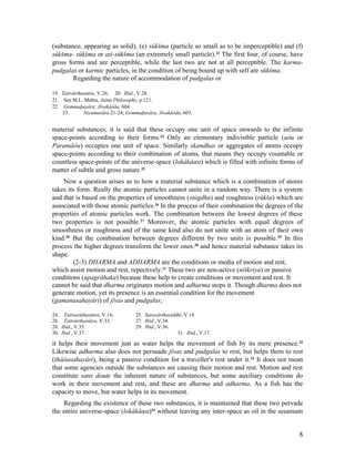 (substance, appearing as solid), (e) sûkšma (particle so small as to be imperceptible) and (f)
sûkšma- sûkšma or ati-sûkšma (an extremely small particle).23 The first four, of course, have
gross forms and are perceptible, while the last two are not at all perceptible. The karma-
pudgalas or karmic particles, in the condition of being bound up with self are sûkšma.
        Regarding the nature of accommodation of pudgalas or

19. Tattvârthasûtra, V.26; 20. Ibid., V.28.
21. See M.L. Mehta, Jaina Philosophy, p.121.
22. Gommaþasâra: Jîvakâòða, 604.
    23.       Niyamasâra.21-24; Gommaþasâra, Jîvakâòda, 603.


material substances; it is said that these occupy one unit of space onwards to the infinite
space-points according to their forms.24 Only an elementary indivisible particle (aòu or
Paramâòu) occupies one unit of space. Similarly skandhas or aggregates of atoms occupy
space-points according to their combination of atoms, that means they occupy countable or
countless space-points of the universe-space (lokâkâœa) which is filled with infinite forms of
matter of subtle and gross nature.25
    Now a question arises as to how a material substance which is a combination of atoms
takes its form. Really the atomic particles cannot unite in a random way. There is a system
and that is based on the properties of smoothness (snigdha) and roughness (rûkša) which are
associated with those atomic particles.26 In the process of their combination the degrees of the
properties of atomic particles work. The combination between the lowest degrees of these
two properties is not possible.27 Moreover, the atomic particles with equal degrees of
smoothness or roughness and of the same kind also do not unite with an atom of their own
kind.28 But the combination between degrees different by two units is possible. 29 In this
process the higher degrees transform the lower ones.30 and hence material substance takes its
shape.
        (2-3) DHARMA and ADHARMA are the conditions or media of motion and rest,
which assist motion and rest, repectively.31 These two are non-active (niškriya) or passive
conditions (upagrâhaka) because these help to create conditions or movement and rest. It
cannot be said that dharma originates motion and adharma stops it. Though dharma does not
generate motion, yet its presence is an essential condition for the movement
(gamanasahayâri) of jîvas and pudgalas;

24.    Tattvarâthasûtra, V.14;     25. Saravârthasiddhi, V.14
26.    Tattvârthasûtra, V.33.      27. Ibid., V.34.
28.   Ibid., V.35.                 29. Ibid., V.36.
30.   Ibid., V.37.                                   31. Ibid., V.17.

it helps their movement just as water helps the movement of fish by its mere presence. 32
Likewise adharma also does not persuade jîvas and pudgalas to rest, but helps them to rest
(thâòasahayâri), being a passive condition for a traveller's rest under it. 33 It does not mean
that some agencies outside the substances are causing their motion and rest. Motion and rest
constitute sans doute the inherent nature of substances, but some auxiliary conditions do
work in their movement and rest, and these are dharma and adharma. As a fish has the
capacity to move, but water helps in its movement.
    Regarding the existence of these two substances, it is maintained that these two pervade
the entire universe-space (lokâkâœa)34 without leaving any inter-space as oil in the sesamum


                                                                                              8
 