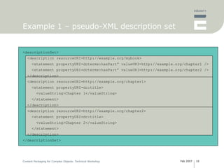 Example 1 – pseudo-XML description set <descriptionSet> <description resourceURI=http://example.org/mybook> <statement propertyURI=dcterms:hasPart” valueURI=http://example.org/chapter1 /> <statement propertyURI=dcterms:hasPart” valueURI=http://example.org/chapter2 /> </description> <description resourceURI=http://example.org/chapter1> <statement propertyURI=dc:title> <valueString>Chapter 1</valueString> </statement> </description> <description resourceURI=http://example.org/chapter2> <statement propertyURI=dc:title> <valueString>Chapter 2</valueString> </statement> </description> </descriptionSet> 