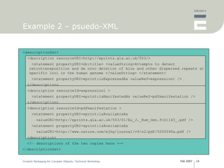 Example 2 – psuedo-XML <descriptionSet> <description resourceURI=http://eprints.gla.ac.uk/503/> <statement propertyURI=dc:title> <valueString>Attempts to detect retrotransposition and de novo deletion of Alus and other dispersed repeats at specific loci in the human genome </valueString> </statement> <statement propertyURI=eprint:isExpressedAs valueRef=expression1 /> </description> <description resourceId=expression1 > <statement propertyURI=eprint:isManifestedAs valueRef=pdfmanifestation /> </description> <description resourceId=pdfmanifestation > <statement propertyURI=eprint:isAvailableAs valueURI=http://eprints.gla.ac.uk/503/01/Eu_J._Hum_Gen.9(2)143_.pdf /> <statement propertyURI=eprint:isAvailableAs valueURI=http://www.nature.com/ejhg/journal/v9/n2/pdf/5200590a.pdf /> <description> <!– descriptions of the two copies here --> </descriptionSet> 