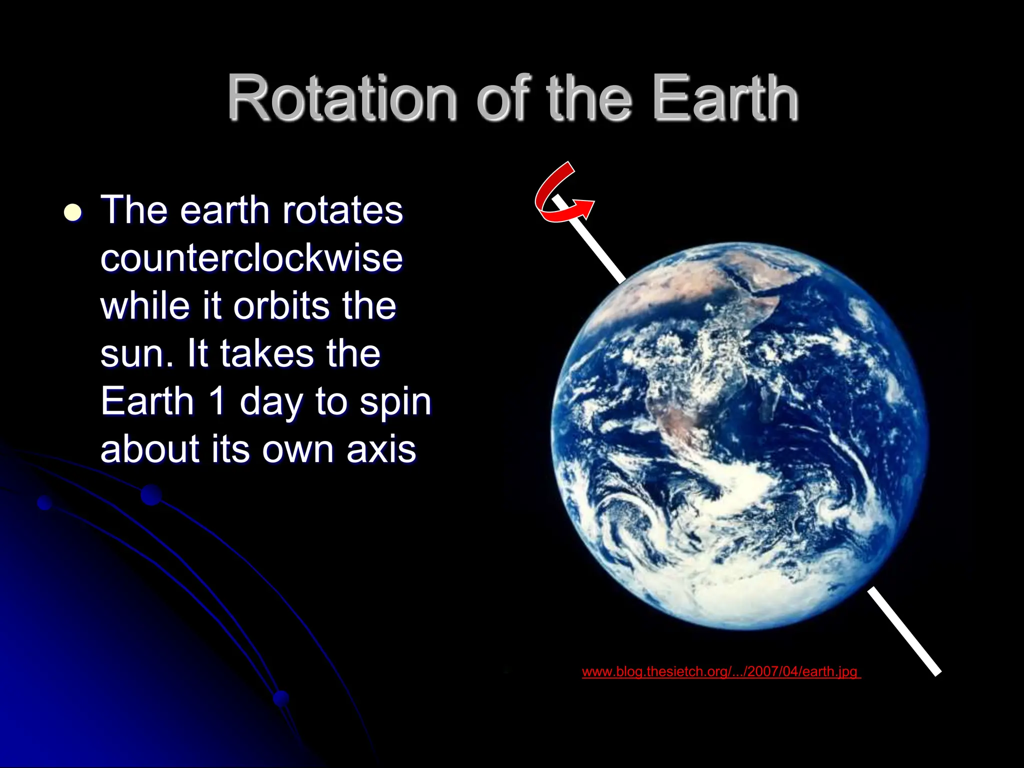 Rotation of the Earth
 The earth rotates
counterclockwise
while it orbits the
sun. It takes the
Earth 1 day to spin
about its own axis
www.blog.thesietch.org/.../2007/04/earth.jpg
 