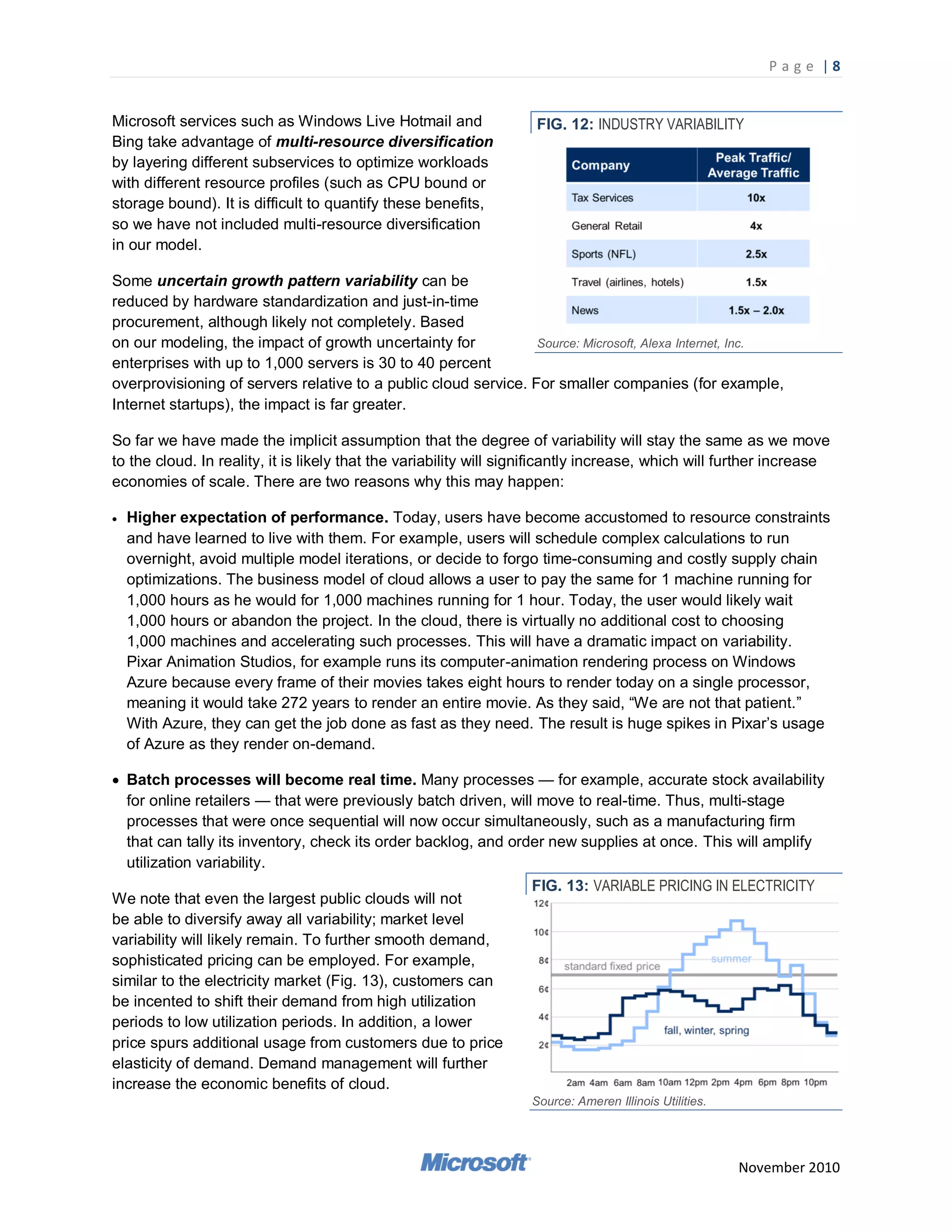 P a g e |8


Microsoft services such as Windows Live Hotmail and                 FIG. 12: INDUSTRY VARIABILITY
Bing take advantage of multi-resource diversification
by layering different subservices to optimize workloads
with different resource profiles (such as CPU bound or
storage bound). It is difficult to quantify these benefits,
so we have not included multi-resource diversification
in our model.

Some uncertain growth pattern variability can be
reduced by hardware standardization and just-in-time
procurement, although likely not completely. Based
on our modeling, the impact of growth uncertainty for            Source: Microsoft, Alexa Internet, Inc.
enterprises with up to 1,000 servers is 30 to 40 percent
overprovisioning of servers relative to a public cloud service. For smaller companies (for example,
Internet startups), the impact is far greater.

So far we have made the implicit assumption that the degree of variability will stay the same as we move
to the cloud. In reality, it is likely that the variability will significantly increase, which will further increase
economies of scale. There are two reasons why this may happen:

   Higher expectation of performance. Today, users have become accustomed to resource constraints
    and have learned to live with them. For example, users will schedule complex calculations to run
    overnight, avoid multiple model iterations, or decide to forgo time-consuming and costly supply chain
    optimizations. The business model of cloud allows a user to pay the same for 1 machine running for
    1,000 hours as he would for 1,000 machines running for 1 hour. Today, the user would likely wait
    1,000 hours or abandon the project. In the cloud, there is virtually no additional cost to choosing
    1,000 machines and accelerating such processes. This will have a dramatic impact on variability.
    Pixar Animation Studios, for example runs its computer-animation rendering process on Windows
    Azure because every frame of their movies takes eight hours to render today on a single processor,
    meaning it would take 272 years to render an entire movie. As they said, ―We are not that patient.‖
    With Azure, they can get the job done as fast as they need. The result is huge spikes in Pixar‘s usage
    of Azure as they render on-demand.

 Batch processes will become real time. Many processes — for example, accurate stock availability
  for online retailers — that were previously batch driven, will move to real-time. Thus, multi-stage
  processes that were once sequential will now occur simultaneously, such as a manufacturing firm
  that can tally its inventory, check its order backlog, and order new supplies at once. This will amplify
  utilization variability.
                                                                FIG. 13: VARIABLE PRICING IN ELECTRICITY
We note that even the largest public clouds will not
be able to diversify away all variability; market level
variability will likely remain. To further smooth demand,
sophisticated pricing can be employed. For example,
similar to the electricity market (Fig. 13), customers can
be incented to shift their demand from high utilization
periods to low utilization periods. In addition, a lower
price spurs additional usage from customers due to price
elasticity of demand. Demand management will further
increase the economic benefits of cloud.
                                                                   Source: Ameren Illinois Utilities.




                                                                                                        November 2010
 