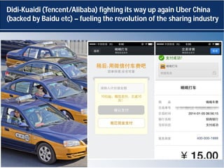 Didi-Kuaidi (Tencent/Alibaba) fighting its way up again Uber China
(backed by Baidu etc) – fueling the revolution of the s...
