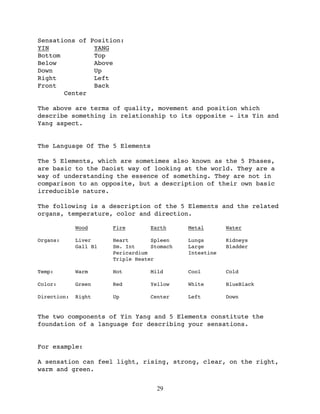 Sensations of Position:
YIN            YANG
Bottom         Top
Below          Above
Down           Up
Right          Left
Front          Back
       Center

The above are terms of quality, movement and position which
describe something in relationship to its opposite - its Yin and
Yang aspect.


The Language Of The 5 Elements

The 5 Elements, which are sometimes also known as the 5 Phases,
are basic to the Daoist way of looking at the world. They are a
way of understanding the essence of something. They are not in
comparison to an opposite, but a description of their own basic
irreducible nature.

The following is a description of the 5 Elements and the related
organs, temperature, color and direction.

             Wood      Fire        Earth     Metal       Water

Organs:      Liver     Heart       Spleen    Lungs       Kidneys
             Gall Bl   Sm. Int     Stomach   Large       Bladder
                       Pericardium           Intestine
                       Triple Heater

Temp:        Warm      Hot         Mild      Cool        Cold

Color:       Green     Red         Yellow    White       BlueBlack

Direction:   Right     Up          Center    Left        Down


The two components of Yin Yang and 5 Elements constitute the
foundation of a language for describing your sensations.


For example:

A sensation can feel light, rising, strong, clear, on the right,
warm and green.


                                     29
 