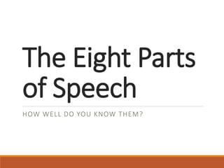 The Eight Parts
of Speech
HOW WELL DO YOU KNOW THEM?
 