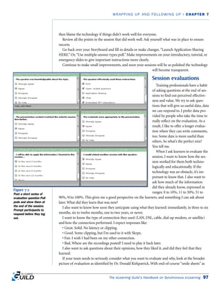 The eLearning Guild’s Handbook on Synchronous e-Learning 97
WRAPPING UP AND FOLLOWING UP | CHAPTER 7
then blame the technology if things didn’t work well for everyone.
Review all the points in the session that did work well. Ask yourself what was in place to ensure
success.
Go back over your Storyboard and fill in details or make changes.“Launch Application Sharing
HERE.” Or,“Use multiple-answer types poll.” Make improvements on your introductory, tutorial, or
emergency slides to give important instructions more clearly.
Continue to make small improvements, and soon your sessions will be so polished the technology
will become transparent.
Session evaluations
Training professionals have a habit
of asking questions at the end of ses-
sions to find out perceived effective-
ness and value. We try to ask ques-
tions that will give us useful data, data
we can respond to. I prefer data pro-
vided by people who take the time to
really reflect on the evaluation. As a
result, I like to offer a longer evalua-
tion where they can write comments,
too. Some data is more useful than
others. So what’s the perfect mix?
You tell me.
When I ask learners to evaluate the
session, I want to know how the ses-
sion worked for them both techno-
logically and educationally. If the
technology was an obstacle, it’s im-
portant to know that. I also want to
ask how much of the information
did they already know, expressed in
ranges: 0 to 10%, 11 to 50%, 51 to
90%, 91to 100%. This gives me a good perspective on the learners, and something I can ask about
later. What did they learn that was new?
I also want to know how soon they anticipate using what they learned: immediately, in three to six
months, six to twelve months, one to two years, or never.
I want to know the type of connection they used (LAN, DSL, cable, dial-up modem, or satellite)
and how the connection performed. I expect responses like:
• Great. Solid. No latency or clipping.
• Good. Some clipping, but I’m used to it with Skype.
• Fair. I wish I had been on my other connection.
• Bad. Where are the recordings posted? I need to play it back later.
I also want to ask questions about their opinions, how they liked it, and did they feel that they
learned.
If your team needs to seriously consider what you want to evaluate and why, look at the broader
picture of evaluation as identified by Dr. Donald Kirkpatrick. With end-of-course “smile sheets” as
Figure 7-2
Post a short series of
evaluation question Poll
pods and show them at
the end of the session.
Prompt participants to
respond before they log
out.
 
