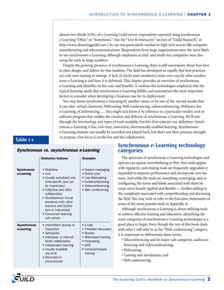The eLearning Guild’s Handbook on Synchronous e-Learning 2
INTRODUCTION TO SYNCHRONOUS E-LEARNING | CHAPTER 1
almost two-thirds (63%) of e-Learning Guild survey respondents reported using synchronous
e-Learning “Often” or “Sometimes.” (See the “Live & Interactive” section of “Guild Research,” at
http://www.elearningguild.com.) Its use was particularly marked in high tech sectors like computer
manufacturing and telecommunications. Respondents from large organizations were the most likely
to use synchronous e-Learning, although employees at mid- and small-size companies were also
using the tools in large numbers.
Despite the growing presence of synchronous e-Learning, there is still uncertainty about how best
to plan, design, and deliver for this medium. The field has developed so rapidly that best practices
are only now starting to emerge. A lack of clarity and consistency exists over exactly what synchro-
nous e-Learning is and how it is delivered. This chapter provides an overview of synchronous
e-Learning and identifies its key uses and benefits. It outlines the technologies employed, lists the
typical learning needs that synchronous e-Learning fulfills, and summarizes the most important
factors to consider when developing a business case for its deployment.
You may know synchronous e-Learning by another name, or by one of the myriad modes that
it can take: virtual classroom, Webcasting, Web conferencing, videoconferencing, Webinars, live
e-Learning, eConferencing, ... . You might just know it by reference to a particular vendor, tool or
software program that enables the creation and delivery of synchronous e-Learning. We’ll sort
through the terminology and types of tools available, but let’s first reiterate our definition: Synch-
ronous e-Learning is live, real-time, interactive, electronically-enabled learning. Synchronous
e-Learning sessions can usually be recorded and played back, but that’s not their primary strength
or purpose. Our focus is on the live and the collaborative.
Synchronous e-Learning technology
categories
The spectrum of synchronous e-Learning technologies and
options can appear overwhelming at first. New tools appear
with regularity, and existing tools are frequently upgraded or
expanded to improve performance and incorporate new fea-
tures. And while the tools are morphing, converging, and re-
configuring, the terms and labels associated with them be-
come more loosely applied and flexible — further adding to
the complexity associated with comprehending and discussing
the field. You may wish to refer to the Executive Summaries of
some of the more popular tools in Appendix A.
Although synchronous e-Learning is about utilizing tools
to achieve effective training and education, identifying the
main categories of synchronous e-Learning technologies is a
good place to begin. Even though the rest of this book deals
with what I will refer to as the “Web conferencing” category,
it is important to differentiate these terms:
• Teleconferencing and its major sub-categories, audiocon-
ferencing and videoconferencing;
• Webcasting;
• Gaming and simulations; and
• Web conferencing.
Synchronous vs. asynchronous e-Learning
Synchronous
e-Learning
• Real-time
• Live
• Usually scheduled and
time-specific (but can
be impromptu)
• Collective and often
collaborative
• Simultaneous virtual
presence (with other
learners and facilita-
tors or instructors)
• Concurrent learning
with others
• Instant messaging
• Online chat
• Live Webcasting
• Audioconferencing
• Videoconferencing
• Web conferencing
• Intermittent access or
interaction
• Self-paced
• Individual, or intermit-
tently collaborative
• Independent learning
• Usually available
any time
• Recorded or
pre-produced
• E-mail
• Threaded discussion
• Boards
• Web-based training
• Podcasting
• DVD
• Computer-based
training
Asynchronous
e-Learning
Distinctive features Examples
Table 1-1
 