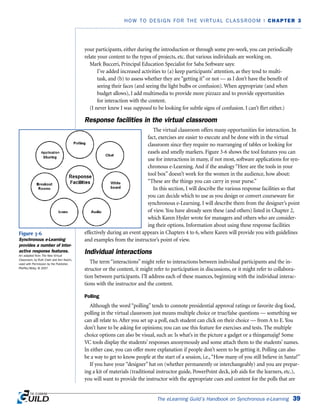 your participants, either during the introduction or through some pre-work, you can periodically
relate your content to the types of projects, etc. that various individuals are working on.
Mark Bucceri, Principal Education Specialist for Saba Software says:
I’ve added increased activities to (a) keep participants’ attention, as they tend to multi-
task, and (b) to assess whether they are “getting it” or not — as I don’t have the benefit of
seeing their faces (and seeing the light bulbs or confusion). When appropriate (and when
budget allows), I add multimedia to provide more pizzazz and to provide opportunities
for interaction with the content.
(I never knew I was supposed to be looking for subtle signs of confusion. I can’t flirt either.)
Response facilities in the virtual classroom
The virtual classroom offers many opportunities for interaction. In
fact, exercises are easier to execute and be done with in the virtual
classroom since they require no rearranging of tables or looking for
easels and smelly markers. Figure 3-6 shows the tool features you can
use for interactions in many, if not most, software applications for syn-
chronous e-Learning. And if the analogy “Here are the tools in your
tool box” doesn’t work for the women in the audience, how about:
“These are the things you can carry in your purse.”
In this section, I will describe the various response facilities so that
you can decide which to use as you design or convert courseware for
synchronous e-Learning. I will describe them from the designer’s point
of view. You have already seen these (and others) listed in Chapter 2,
which Karen Hyder wrote for managers and others who are consider-
ing their options. Information about using these response facilities
effectively during an event appears in Chapters 4 to 6, where Karen will provide you with guidelines
and examples from the instructor’s point of view.
Individual interactions
The term “interactions” might refer to interactions between individual participants and the in-
structor or the content, it might refer to participation in discussions, or it might refer to collabora-
tion between participants. I’ll address each of these nuances, beginning with the individual interac-
tions with the instructor and the content.
Polling
Although the word “polling” tends to connote presidential approval ratings or favorite dog food,
polling in the virtual classroom just means multiple choice or true/false questions — something we
can all relate to. After you set up a poll, each student can click on their choice — from A to E. You
don’t have to be asking for opinions; you can use this feature for exercises and tests. The multiple
choice options can also be visual, such as: Is what’s in the picture a gadget or a thingamajig? Some
VC tools display the students’ responses anonymously and some attach them to the students’ names.
In either case, you can offer more explanation if people don’t seem to be getting it. Polling can also
be a way to get to know people at the start of a session, i.e.,“How many of you still believe in Santa?”
If you have your “designer” hat on (whether permanently or interchangeably) and you are prepar-
ing a kit of materials (traditional instructor guide, PowerPoint deck, job aids for the learners, etc.),
you will want to provide the instructor with the appropriate cues and content for the polls that are
The eLearning Guild’s Handbook on Synchronous e-Learning 39
HOW TO DESIGN FOR THE VIRTUAL CLASSROOM | CHAPTER 3
Figure 3-6
Synchronous e-Learning
provides a number of inter-
active response features.
Art adapted from The New Virtual
Classroom, by Ruth Clark and Ann Kwinn,
used with Permission by the Publisher,
Pfeiffer/Wiley, © 2007
 