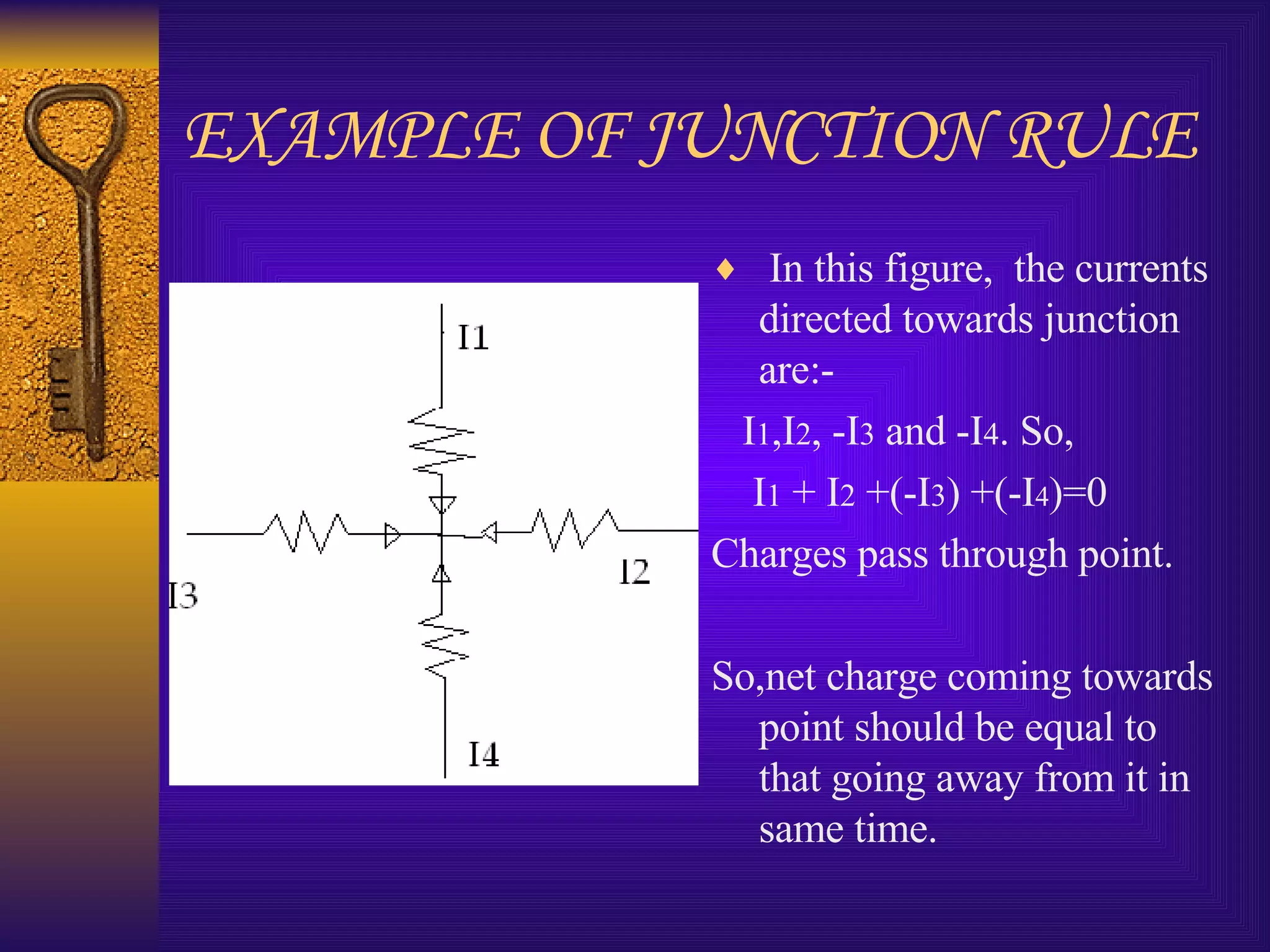 EXAMPLE OF JUNCTION RULE In this figure,  the currents directed towards junction are:- I 1 ,I 2 , -I 3  and -I 4 . So,  I 1  + I 2  +(-I 3 ) +(-I 4 )=0 Charges pass through point. So,net charge coming towards point should be equal to that going away from it in same time. 