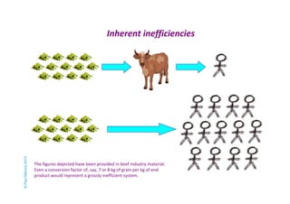 Inherent inefficiencies 
The figures depicted have been provided in beef industry material. 
Even a conversion factor of, say, 7 or 8 kg of grain per kg of end 
product would represent a grossly inefficient system. 
© Paul Mahony 2014 
 