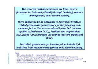 108 
© Paul Mahony 2014 
The reported methane emissions are from: enteric 
fermentation (released primarily through belching); manure 
management; and savanna burning. 
There appears to be no allowance in Australia’s livestock-related 
greenhouse gas inventory for the following non-methane 
factors that are considered by the FAO: manure 
applied to feed crops (N2O); Fertilizer and crop residues 
(N2O); feed (CO2); and land use change (pasture expansion) 
193,000 (CO2). 
215,725 
Australia’s greenhouse gas inventory does include N20 
emissions from manure management and savanna burning. 
Notes: 
- CO2 = carbon dioxide; CH4 = methane; N2O = nitrous oxide 
- The UN FAO treats “manure management” and “applied and deposited manure” as separate 
categories. It appears the Australian figures included “deposited manure” in “manure management”. 
- We have applied 57% of savanna burning to livestock production, in line with material 
commissioned by the former Australian Greenhouse Office. 
 