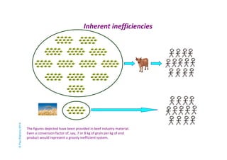 Inherent inefficiencies 
The figures depicted have been provided in beef industry material. 
Even a conversion factor of, say, 7 or 8 kg of grain per kg of end 
product would represent a grossly inefficient system. 
© Paul Mahony 2014 
 