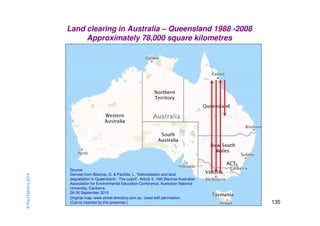 135 
Land clearing in Australia – Queensland 1988 -2008 
Approximately 78,000 square kilometres 
Source: 
Derived from Bisshop, G. & Pavlidis, L, “Deforestation and land 
degradation in Queensland - The culprit”, Article 5, 16th Biennial Australian 
Association for Environmental Education Conference, Australian National 
University, Canberra, 
26-30 September 2010 
Original map: www.street-directory.com.au. Used with permission. 
(Cairns inserted by this presenter.) 
Cairns 
© Paul Mahony 2014 
 