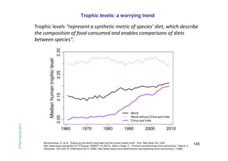 Trophic levels “represent a synthetic metric of species’ diet, which describe 
the composition of food consumed and enables comparisons of diets 
between species”. 
145 
Trophic levels: a worrying trend 
Bonhommeau, S. et al., “Eating up the world’s food web and the human trophic level”, Proc. Natl Acad. Sci. USA 
http://www.pnas.org/cgi/doi/10.1073/pnas.1305827110 (2013), cited in Hoag, H., “Humans are becoming more carnivorous”, Nature, 2 
December, 2013 doi:10.1038/nature.2013.14282, http://www.nature.com/news/humans-are-becoming-more-carnivorous-1.14282 
© Paul Mahony 2014 
