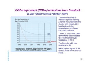 60 
CO2-e equivalent (CO2-e) emissions from livestock 
20-year “Global Warming Potential” (GWP) 
Traditional reporting of 
methane’s global warming 
potential has understated its 
shorter-term impact, as it 
breaks down in the 
atmosphere much faster 
than carbon dioxide. 
The IPCC’s 100-year GWP 
for methane was increased 
to 34 (with carbon cycle 
feedbacks) in 2013. 
The figure for a 20 year 
timeframe is 86. 
NASA reports figures of 33 
for 100 years and 105 for 20 
years. 
© Paul Mahony 2014 
 