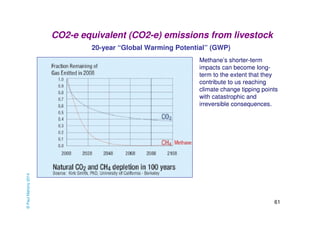 61 
CO2-e equivalent (CO2-e) emissions from livestock 
20-year “Global Warming Potential” (GWP) 
Methane’s shorter-term 
impacts can become long-term 
to the extent that they 
contribute to us reaching 
climate change tipping points 
with catastrophic and 
irreversible consequences. 
© Paul Mahony 2014 
 