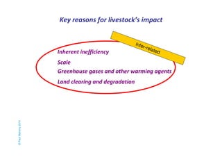 Key reasons for livestock’s impact 
Inherent inefficiency 
Scale 
Inter-related 
Greenhouse gases and other warming agents...