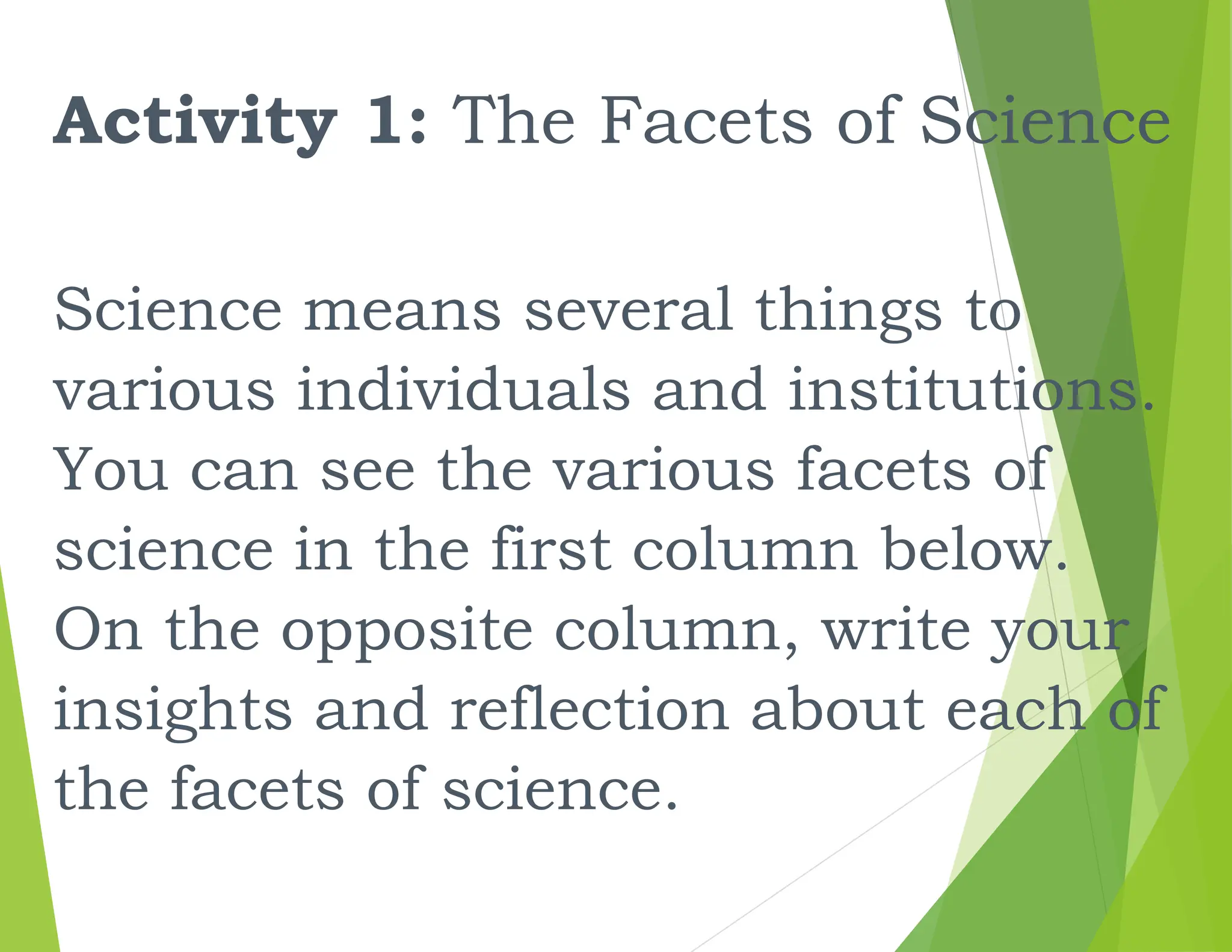 Activity 1: The Facets of Science
Science means several things to
various individuals and institutions.
You can see the various facets of
science in the first column below.
On the opposite column, write your
insights and reflection about each of
the facets of science.
 