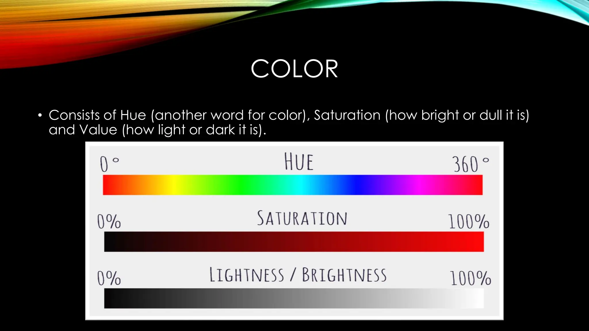 COLOR
• Consists of Hue (another word for color), Saturation (how bright or dull it is)
and Value (how light or dark it is).
 