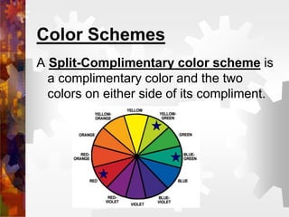 Color Schemes
A Split-Complimentary color scheme is
a complimentary color and the two
colors on either side of its compliment.
 
