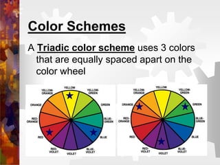 Color Schemes
A Triadic color scheme uses 3 colors
that are equally spaced apart on the
color wheel
 