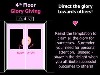 4 th  Floor Glory Giving Direct the glory towards others! Resist the temptation to claim all the glory for successes.  Sur...