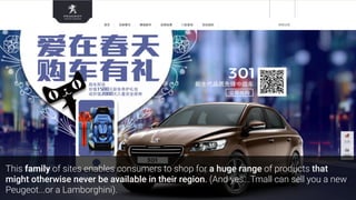 This family of sites enables consumers to shop for a huge range of products that
might otherwise never be available in their region. (And yes...Tmall can sell you a new
Peugeot...or a Lamborghini).
 