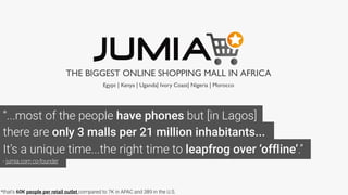 “...most of the people have phones but [in Lagos]
there are only 3 malls per 21 million inhabitants...
It’s a unique time...the right time to leapfrog over ‘offline’.”
- jumia.com co-founder
THE BIGGEST ONLINE SHOPPING MALL IN AFRICA
Egypt | Kenya | Uganda| Ivory Coast| Nigeria | Morocco
*that’s 60K people per retail outlet compared to 7K in APAC and 389 in the U.S.
 