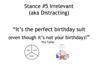 Stance #5 Irrelevant
         (aka Distracting)


  “It’s the perfect birthday suit
(even though it’s not your birthday)!”...
