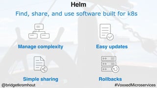 @bridgetkromhout #VoxxedMicroservices
Find, share, and use software built for k8s
Manage complexity Easy updates
Simple sharing Rollbacks
Helm
 