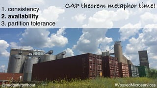 @bridgetkromhout #VoxxedMicroservices
1. consistency
2. availability
3. partition tolerance
CAP theorem metaphor time!
 