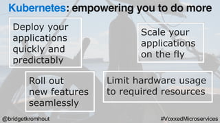 @bridgetkromhout #VoxxedMicroservices
Deploy your
applications
quickly and
predictably
Scale your
applications
on the fly
Roll out  
new features
seamlessly
Limit hardware usage
to required resources
Kubernetes: empowering you to do more
 